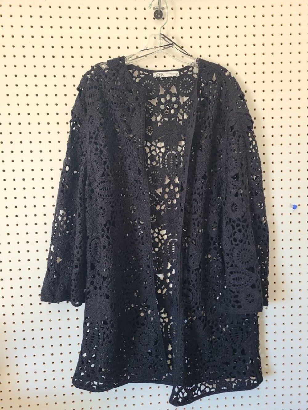Zara Black Crochet Open-Front Cardigan XS-S Floral Lace Design Lightweight Made